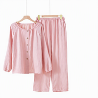 Ensemble de pyjama décontracté 2 pièces en fibre de bambou pour femme, col rond, manches longues, pantalon long, respirant, couleur unie, pour l'automne