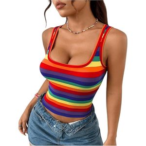 FOXA Women's <b>Rainbow</b> Striped Crop Tank <b>Top</b> Sleeveless Scoop Neck Slim Fit Summer <b>Top</b> - Product Image 4