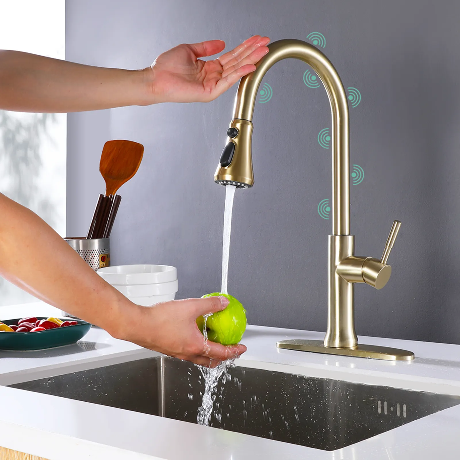 Ship from usa modern pull down touch copper kitchen tap gold 360 degree rotation kitchen faucets