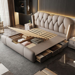 سرير فخم بتصميم إيطالي فاخر مع لوح رأسي مُضاء ومُنجّد ناعم، مزود بأدراج تخزين وإطار رفع هيدروليكي - Product Image 3