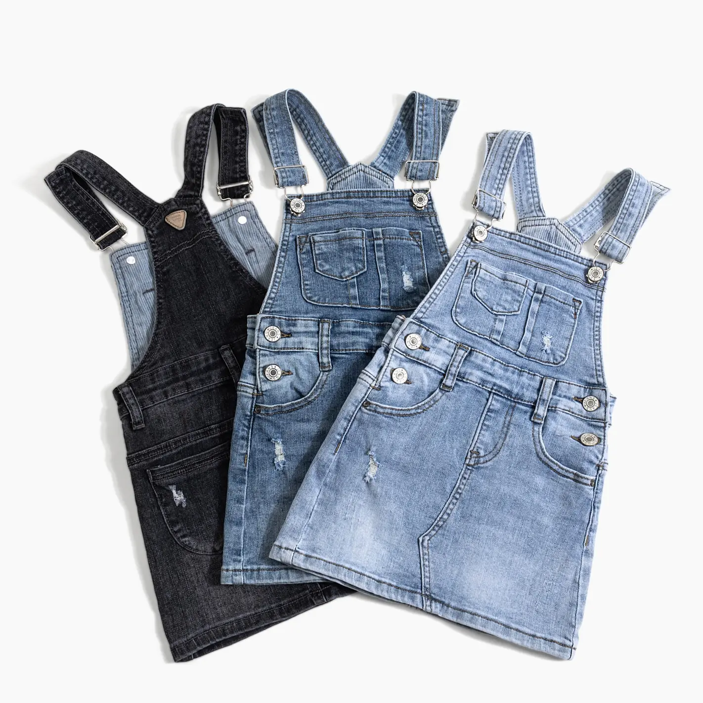 Q30822 Bebê Vestido Geral Adolescentes Meninas Flap Bolso Roll Up Hem Denim Dungaree Denim Saia geral Denim Skirtall da menina