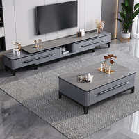 Meuble TV Rétractable Moderne et Simple en Bois Massif, Table Basse Luxe Discret en Ardoise, Ensemble pour Petit Appartement Salon