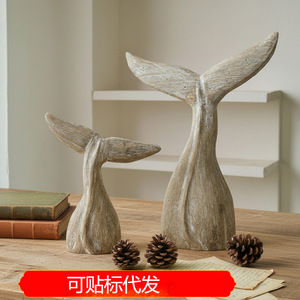 Solid Wood Whale Tail Ornament 2Pcs <b>Rustic</b> Home Decoration Craft For Living Room <b>Shelf</b> Display - Product Image 5