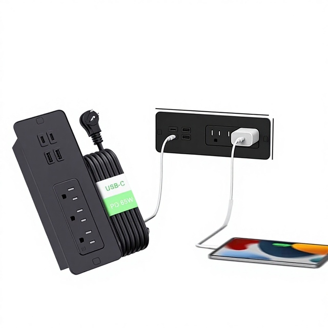 Recessed Desktop Socket PD65W US  Standard Flush Mount Office Desk Power Strip USB-A Type-C Ports 3 AC Outlets 2M Power Cord
