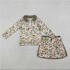 เด็กผู้หญิงวัยเตาะแตะ GLD1545 สีเขียว สีส้ม ลายพราง เสื้อสวมหัวมีซิป กระโปรง กางเกงขาสั้น ชุดเสื้อผ้าเด็กผู้หญิง - Product Image 1