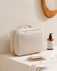 Luxury PU Leather Hanging <b>Makeup</b> <b>Bag</b> 4 <b>Compartments</b> Waterproof Travel Toiletry <b>Bag</b> <b>with</b> Handle - Product Image 4