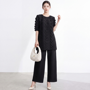 Traje de Dos Piezas de Poliéster Estampado Informal de Alta Calidad para Mujer de Oficina, con Pliegues, Colores Contrastantes, Holgado, Talla Grande, Transpirable - Product Image 3