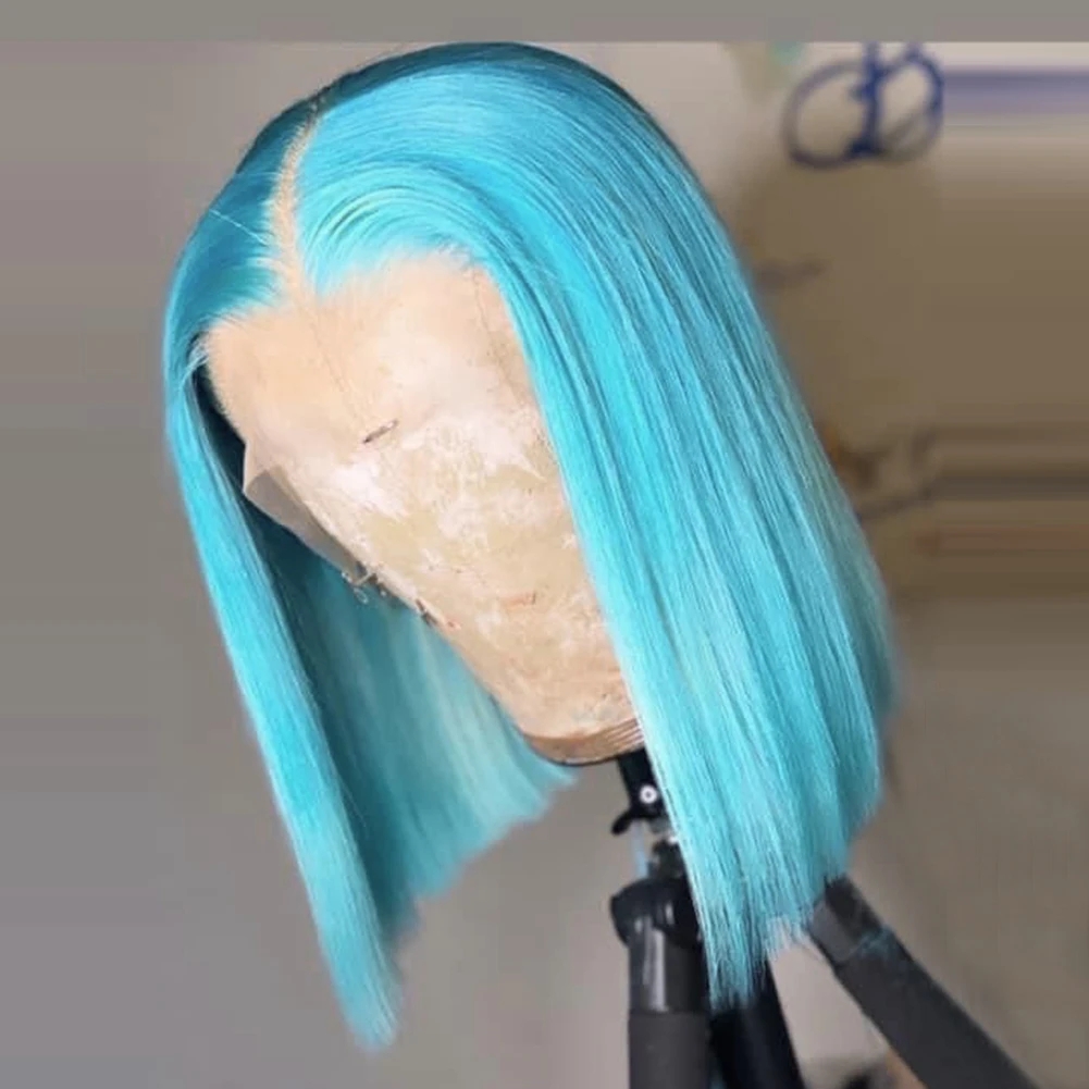 Light Blue Short Bob Lace Wigs Transparent 5X5 Lace Closure Human Hair Wigs Middle Part Brazilian Hair Wig 150% 8-14"