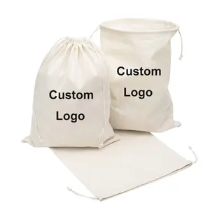 Custom Logo Printed Eco Friendly Organic Muslin Cotton Pouch Promotional White Calico Cloth Packaging Canvas Drawstring Bag