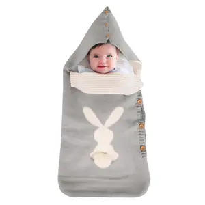 INS Baby Swaddle Blanket Newborn Thermal Soft Acrylic Fiber Rabbit Knitted Sleeping Bag with Button