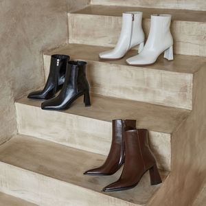 Cialisa, Nuevo Modelo, Zapatos de Vestir de Otoño de Cuero Genuino Blanco para Mujer, Punta Cuadrada, Tacones Altos, Botines de Invierno, Estilo Conciso y Maduro - Product Image 5