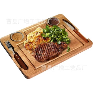 Tabla de cortar de madera maciza rectangular multifunción para carne, pizza, frutas con bandejas para salsas - Product Image 5