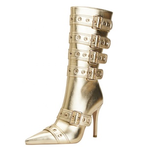 Large Size 46 Belt Metal Buckles Women <b>Knee</b> <b>High</b> Boots <b>High</b> Slim Heeled Long Booties Sexy Punk Styles Stiletto Dress Shoes - Product Image 4