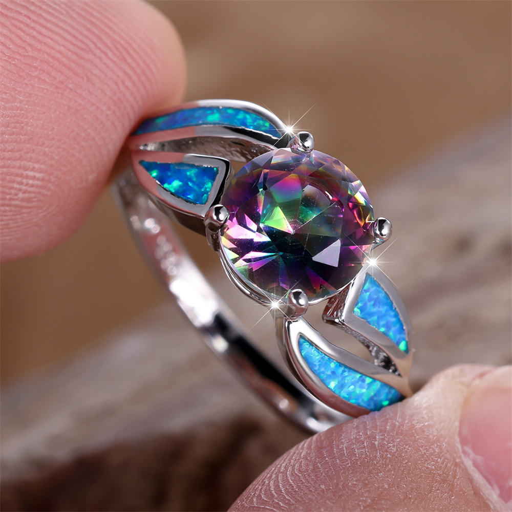 Mystic Rainbow Crystal Round Stone Blue Opal Rings for Women Vintage Silver  Color Wedding Band Engagement Jewelry Valentine Gift