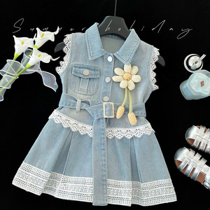 Nuovo Vestito Primaverile ed Estivo 2025 per Bambina in Stile Coreano, in Cotone Denim con Inserti in Pizzo, Modellante, per Età 3-8 Anni - Product Image 1