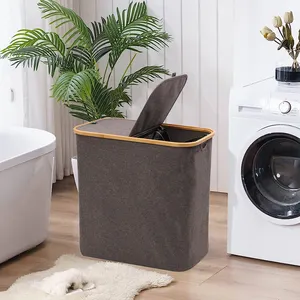 Bamboo Laundry Bag Foldable Laundry Hamper Durable Collapsible Laundry Basket With Removable Bag And Lid For Home Grey