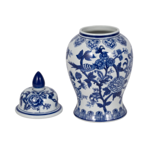 Vaso in ceramica con coperchio, design floreale blu e bianco per decorazioni per la casa - Product Image 4