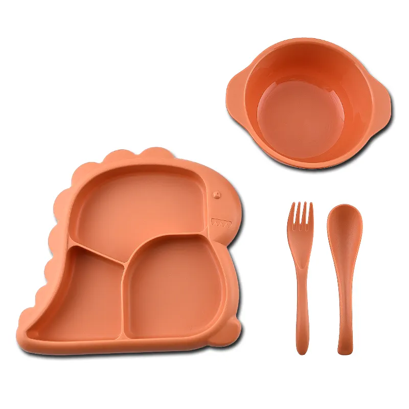 Promotional Wholesales Plastic Children Kids Dinosaur Cartoon Dinner Plate With Bowl Fork And Spoon Cutlery Set