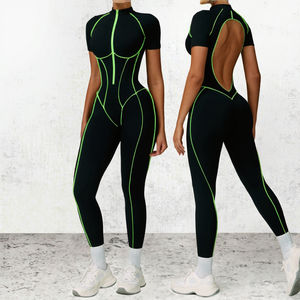 Nuevos Monos y Trajes Deportivos de Talla Grande para Mujer, Mono de Una Pieza para Gimnasio y Fitness, Conjunto de Yoga con Ribete en Contraste, Manga Corta, Spandex/Nylon - Product Image 3