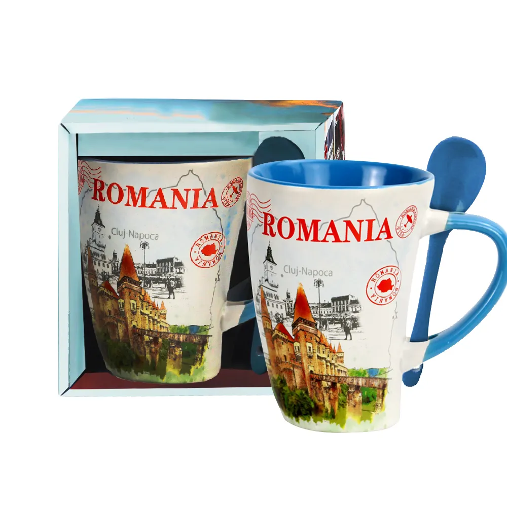 Neues Design individueller Druck Keramik Rumänien Tasse Dekal Steingut Touristen Souvenir Geschenk Kaffee Tasse Becher