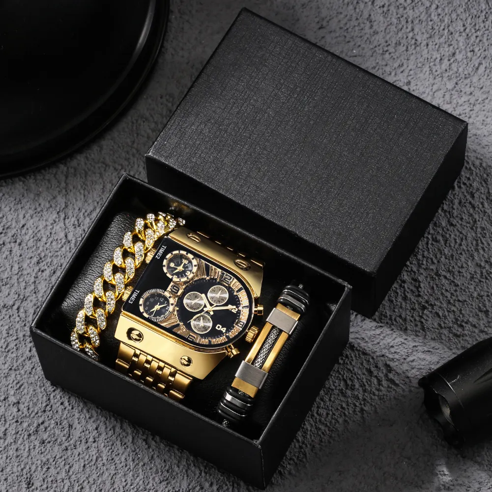 Jam tangan baru jam tangan pria, set jam tangan banyak zona waktu besar bercahaya sabuk baja tahan air kuarsa kronograf panggilan besar