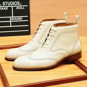 White-Metallic Brown Leather Hand-Painted Traditional British Embossed <b>Pointed</b>-Toe High-Top Business Shoes - Product Image 6