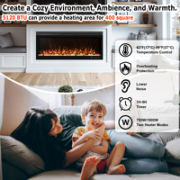 Cheminée électrique murale linéaire Luxstar de 72 pouces avec flamme multicolore, télécommande, contrôle par application, protection contre la surchauffe, pour la maison et l'hôtel