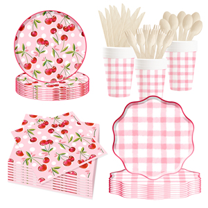 Ensemble de vaisselle jetable DAMAI sur le thème des fruits, cerise rose, joyeux anniversaire, pour 10 invités, assiettes à dessert et à dîner en papier, ensembles de vaisselle de fête - Product Image 3