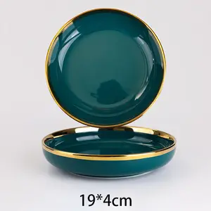 High Quality Light Luxury Wind Emerald Gilt Plate Set Household Ceramic Soup Bowl Plate Set