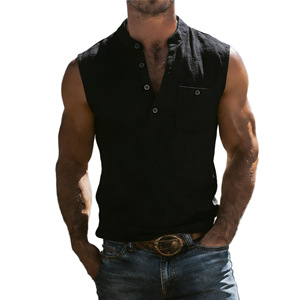 Men's Light Blue Sleeveless <b>Linen</b> Tank <b>Top</b> Mandarin Collar Button Front Casual Vest Breathable Woven Solid Color - Product Image 5