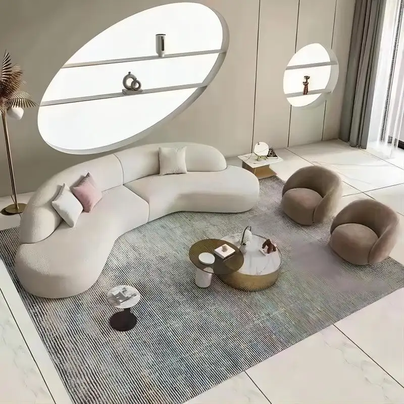 Divano Beige tessuto orsacchiotto combinazione curva tutta la struttura in legno di vendita calda design moderno soggiorno edificio per uffici