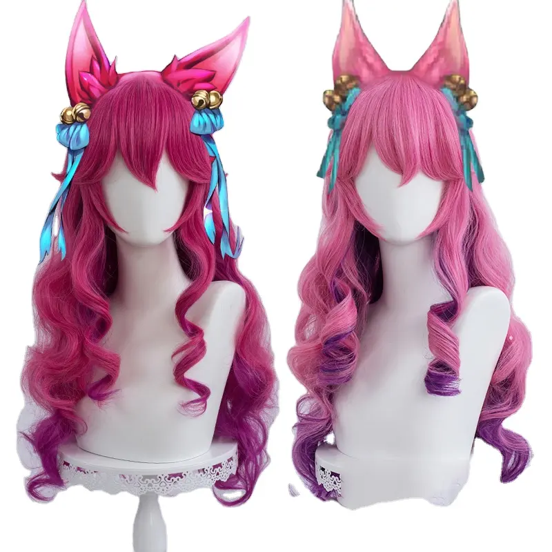LOL Hero Ari League Soul Lotus Skin Ahri Cosplay Pink Long Wig with Hair Bows Cosplay colorful synthetic lace wig