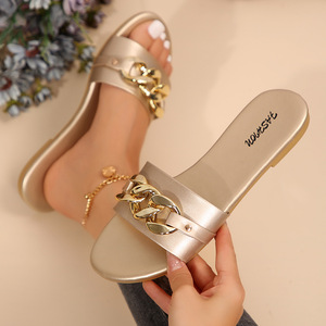 <span class=keywords><strong>Sandali</strong></span> piatti da donna <span class=keywords><strong>con</strong></span> decorazioni in metallo lucido, scarpe traspiranti da spiaggia e passeggio, a punta aperta, comode da indossare, calzature estive - Product Image 2