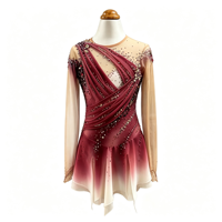 Robe de patinage artistique drapée à dos ouvert, dégradé bordeaux et blanc, avec strass et maille, pour concours de danse sur glace