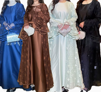 Robe longue Abaya Kaftan à manches longues avec dentelle brodée de fleurs et sequins, taille plus, mode modeste, vêtements pour le Ramadan et l'Aïd