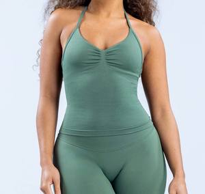 2 uds transpirable sin costuras Halter Top Butt Lifter sin costuras cintura Leggings <span class=keywords><strong>Yoga</strong></span> conjunto entrenamiento secado rápido ropa ajustada para mujeres - Product Image 3