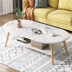 <b>Coffee</b> <b>Table</b> Faux Marble Top Oval Shape With Storage Shelf For Living Room Modern Minimalist Design Warm White <b>Walnut</b> Color - Product Image 1