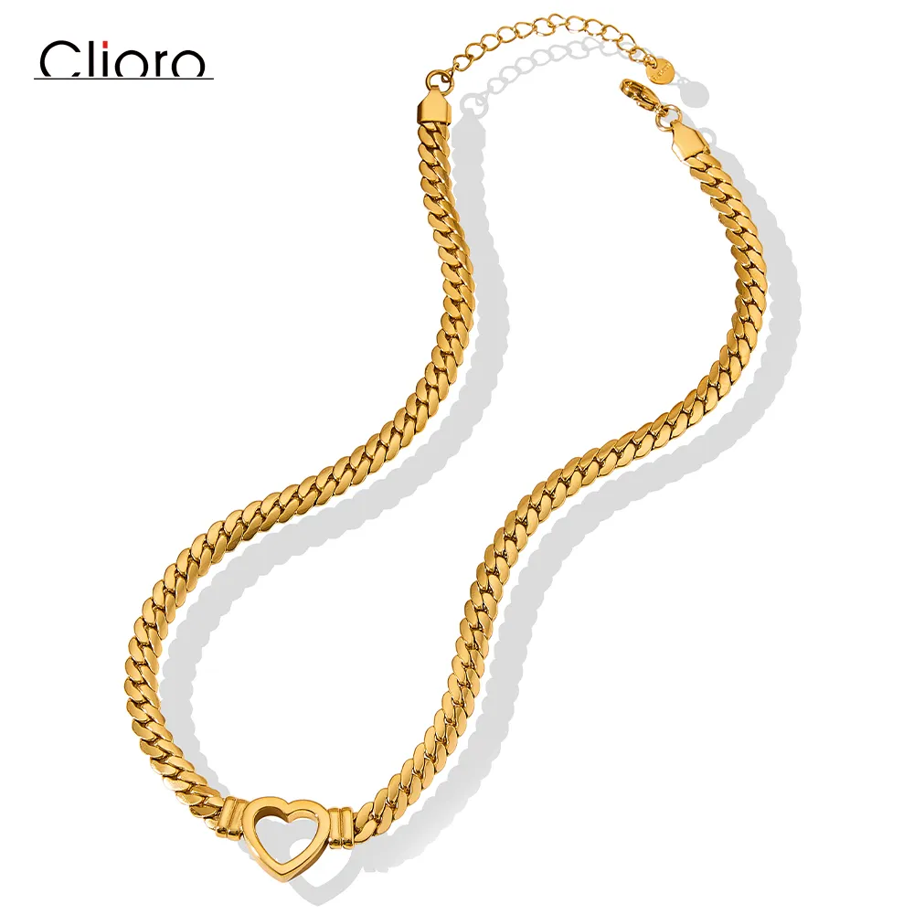 2022 New Waterproof Cast Thick Cuban Chain Heart Stainless Steel Love Gold Statement Collar Necklace Jewelry Women