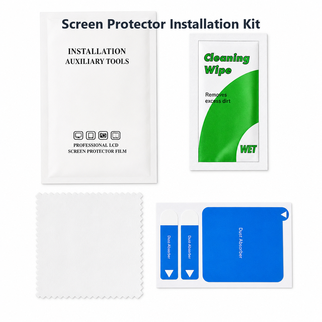 Phone Screen Protector Installation Kit with Cleaning Wipe Dust Absorber and Zigzag Edge Cloth OEM Custom Logo Packaging