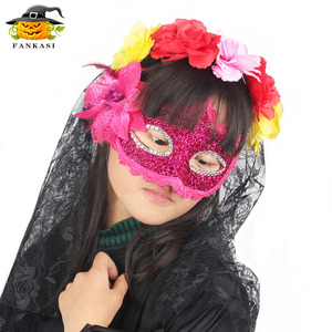 Serre-tête fantôme de mariée d'Halloween Fankasi avec voile en filet et fleurs colorées, accessoire de costume pour fête masquée - Product Image 2