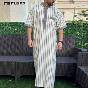<b>Men</b> Grey Stripe Woven Cotton Hooded <b>Thobe</b> Half Zip Contrast Panel Short Sleeve Full-Length Casual Modest Summer Robe - Product Image 1