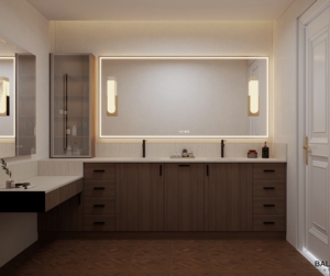 Built in Floating Dark Walnut <b>Bath</b> Vanity Curved Cabinet Doors Undermount and Two Independent Border LED <b>Light</b> Mirror - Product Image 3