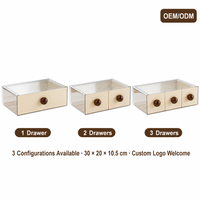 Organisateur de bureau à 3 tiroirs en PET HIPS transparent, boîte de rangement empilable à triple section, dessus côtelé, poignée boule crème, OEM