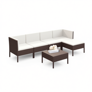 Ensemble salon de jardin en osier moderne 6 places, mobilier d'extérieur blanc crème et marron, résistant aux intempéries, design contemporain - Product Image 1