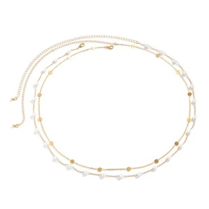 Ensemble de 2 chaînes de taille superposées en acier inoxydable avec perles pour femmes |   Chaîne réglable plaquée or avec perles et disques plats |   Soirée tendance - Product Image 4