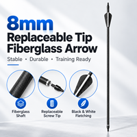 Flèche de tir à l'arc en fibre de verre à pointe interchangeable de 8 mm, avec plumage noir et blanc, pour entraînement et arc classique, vente en gros