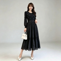 Robe longue plissée grande taille avec empiècements en dentelle crochet et motifs floraux 3D, manches lanternes, robe de soirée plissée Miyake pour l'automne