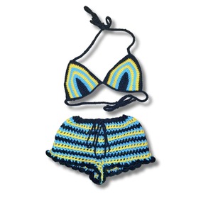 Conjunto de calzoncillos de baño de ganchillo hecho a mano para mujer, de 3 piezas ropa de playa, pantalones cortos de malla ajustados a rayas de vacaciones con Bikini a juego, sombrero de cubo - Product Image 5