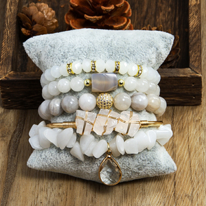 New Bohemian Stack Phụ Nữ Đồ Trang Sức 5Pcs Đá Tự Nhiên Thủy Tinh Đính Cườm Kim Loại Không Thường Xuyên Tiger Eye Mở Cuff <span class=keywords><strong>Bangle</strong></span> Vòng Đeo Tay Đàn Hồi Thiết Lập - Product Image 6