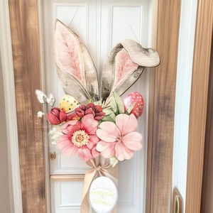 Easter Bunny Wooden Door Hanger Pink Floral Design Handmade Home Decor For Spring Celebration - Product Image 1